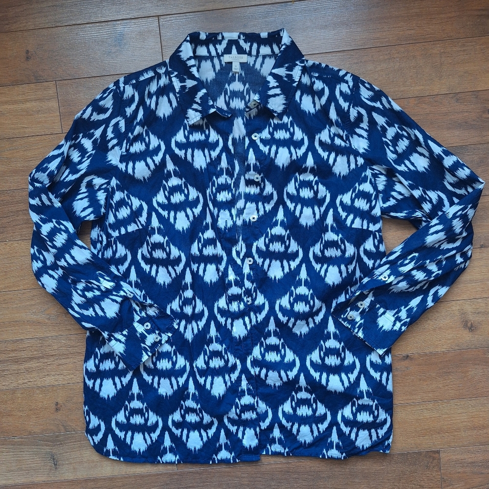 Talbots Blue & White Button Up Long Sleeve Cotton Shirt Size XL